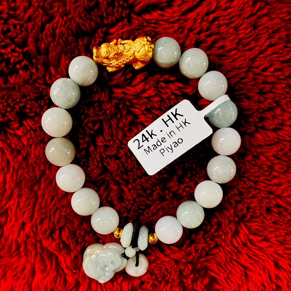 24k Gold Piyao in Real Jadeite Gemstones